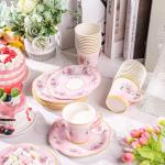 50 Pcs Paper Tea Cups and Plates Pink Floral Disposable Paper Teacups and Saucer Sets with Gold Rim Decorations for Hot Cold Drinks for Wedding Birthday Baby Shower Tea Party, Serve 25