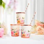 HOMIX Floral Paper Plates and Napkins Cups Sets Pink Flower Tea Party Supplies Disposable Dinnerware Sets Serves 24 for Bridal Shower, Birthdays