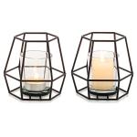 Nuptio Pillar Candle Holder Black Tea Light Candle Holders 2 Pcs Geometric Tealight Candle Holder Metal Candle Stand Table Centerpiece for Halloween Office Home Decor