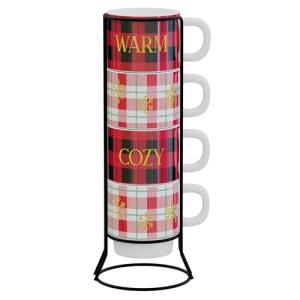 American Atelier Coffee Mug Set with Rack | Coffee Mugs Set of 4 | 14 oz | Stackable Coffee Mugs | Coffee Cup Set | Christmas Holiday Design | Ceramic Mug | Plaid