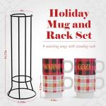 American Atelier Coffee Mug Set with Rack | Coffee Mugs Set of 4 | 14 oz | Stackable Coffee Mugs | Coffee Cup Set | Christmas Holiday Design | Ceramic Mug | Plaid