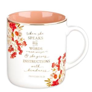 Christian Art Gifts Floral Ceramic Coffee Mug with Gold Rim – 14 oz. Lead & Cadmium-free, Non-toxic Inspirational Scripture Coffee & Tea Mug for Women with Bible Verse: When She Speaks –Proverbs 31:26