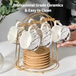 LUKA Ceramic Espresso Cups with Saucers and Metal Stand, Small 4 oz Porcelain Demitasse Cups Set of 6, Cute Cappuccino Coffee Cups for Double Espresso, Tea, Marbling White