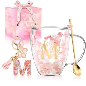 Personalized Gift for Women Flower Glass Coffee Mug Initial Tea cup Monogrammed Customized Bridesmaid Bride Wedding Gifts Graduation Gifts Valentine Mother's Day Birthday Christmas Gift (M)