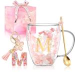 Personalized Gift for Women Flower Glass Coffee Mug Initial Tea cup Monogrammed Customized Bridesmaid Bride Wedding Gifts Graduation Gifts Valentine Mother's Day Birthday Christmas Gift (M)