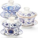 Cididu Set of 3 Chinese Tea Cups with Lid and Saucer, 10oz Large Porcelain Gaiwan Tea Mug Set, Handmade Tea Bowl, Traditional Chinese Ceramic Teaware Tea Brewing System for Home Office Kitchen