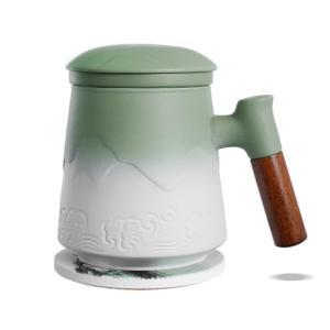 ZENS Tea Cup with Infuser and Lid for Loose Leaf Tea Steeper, 15.2 oz Ceramic Tea Mug with Fine Strainers and Absorb Coaster and Wood for Tea Lovers Gifts