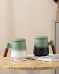 ZENS Tea Cup with Infuser and Lid for Loose Leaf Tea Steeper, 15.2 oz Ceramic Tea Mug with Fine Strainers and Absorb Coaster and Wood for Tea Lovers Gifts