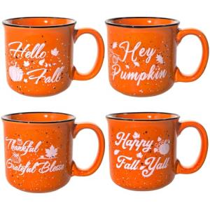 4Pcs Fall Coffee Mug, Pumpkin Autumn Coffee Mugs, Fall Seasonal Decor, Ceramic Fall Mug, Perfect for Fall Thanksgiving Countertops, Fall Kitchen Decorations, Holiday Tea or Coffee Mug (Orange, 16oz)