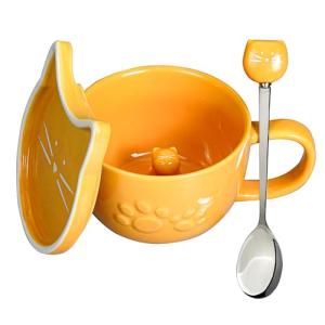 Koolkatkoo Ceramic Coffee Cup Cat Mug - Coffee Mug with Lid and Spoon, Animals Hidden inside Cup, Cat Gifts for Women, Mother's Day Thanksgiving Gift, 10oz yellow