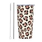 YIKISSKID Brown Leopard 20oz Tumbler with Lid and Straw for Women Men, Cute Cheetah Print Insulated Mug Animal Theme Print Stainless Steel Tumbler Double Wall Vacuum Travel Mug Coffee Cup