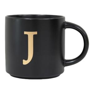 COLLECTIVE HOME - Monogram Ceramic Mugs, 15 oz Golden Initial Black Coffee Cups, Elegant Alphabet Tea Mugs, Elegant Personalized Mug with Gift Box, Unique Mug with Double Side Capital Lette (J)