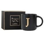 COLLECTIVE HOME - Monogram Ceramic Mugs, 15 oz Golden Initial Black Coffee Cups, Elegant Alphabet Tea Mugs, Elegant Personalized Mug with Gift Box, Unique Mug with Double Side Capital Lette (J)