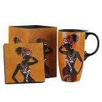 Topadorn Ceramic Coffee Mug Travel Cup Gift with Lid 17oz., Porcelain Tall Tea Cup with Handle for Home & Office, Black Woman Art Pattern Mug with Gift Box, 6.5" H