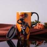 Topadorn Ceramic Coffee Mug Travel Cup Gift with Lid 17oz., Porcelain Tall Tea Cup with Handle for Home & Office, Black Woman Art Pattern Mug with Gift Box, 6.5" H