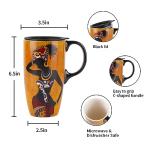 Topadorn Ceramic Coffee Mug Travel Cup Gift with Lid 17oz., Porcelain Tall Tea Cup with Handle for Home & Office, Black Woman Art Pattern Mug with Gift Box, 6.5" H