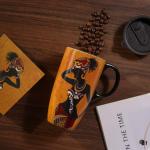 Topadorn Ceramic Coffee Mug Travel Cup Gift with Lid 17oz., Porcelain Tall Tea Cup with Handle for Home & Office, Black Woman Art Pattern Mug with Gift Box, 6.5" H