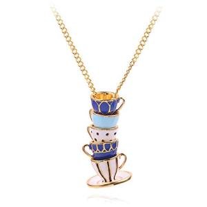 COLORFUL BLING Funny Stacked Enamel Teacup Necklace 3D Coffee Cup Teapot Pendant Necklace Elegant Teacup Long Sweater Necklace for Women-Blue
