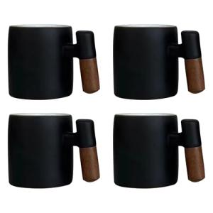 Dicmracy 2-Oz Ceramic Espresso Cups with Wood Handle, 2/4-Piece Set for Coffee, Tea, Latte - Dishwasher Safe, Multi-Color & Wood Styles, Gift & Café Use (black, Wooden Handle4)