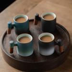 Dicmracy 2-Oz Ceramic Espresso Cups with Wood Handle, 2/4-Piece Set for Coffee, Tea, Latte - Dishwasher Safe, Multi-Color & Wood Styles, Gift & Café Use (black, Wooden Handle4)