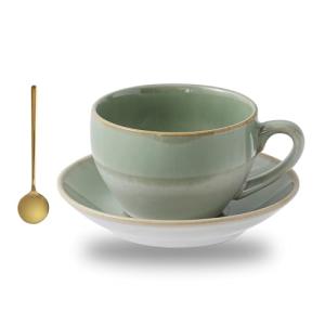 Porcelain Coffee Cup with Saucer Spoon, Vintage Design Ceramic Latte Art Cappuccino Barista Espresso Tea Cup with Saucer (11.6 oz, 350ml, White Both Green)