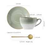 Porcelain Coffee Cup with Saucer Spoon, Vintage Design Ceramic Latte Art Cappuccino Barista Espresso Tea Cup with Saucer (11.6 oz, 350ml, White Both Green)