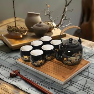 Japanese Tea Set for Adults - Elegant Golden Countryside Theme with Teapot, 6 Cups & Tea Tray, Stainless Steel Infuser - Traditional Asian Gift for Women Men, Housewarming, Wedding