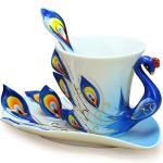vanki 1 pc Collectable Fine Arts China Porcelain Tea Cup and Saucer Coffee Cup Peacock Theme Romantic Creative Present,Blue