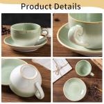 Porcelain Coffee Cup with Saucer Spoon, Vintage Design Ceramic Latte Art Cappuccino Barista Espresso Tea Cup with Saucer (11.6 oz, 350ml, White Both Green)