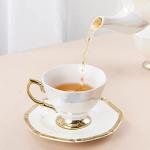 fanquare Modern Iridescent Tea Cup and Saucer Set, Colorful Porcelain Coffee Cup with Gold Trim, British Small White Tea Cup, 6.76oz