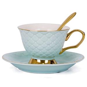VanEnjoy Blue Vintage 8 Ounces Porcelain Coffee Cup, Tea Cup and Saucer Set and Saucer with Decorative Scale Pattern, vintage