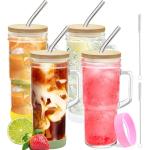 4Pack 24oz Glass Tumbler Cups with Handle Bamboo Lids and Straws Reusable Mason Jar Drinking Glasses for Iced Coffee Smoothies Beer Juice Tea Gifts