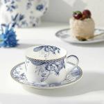 fanquare 6 oz Blue Floral Bone China Tea Cup with Saucer, Hand Print Procelain Cups for Tea Party, British Coffee Cup and Saucer