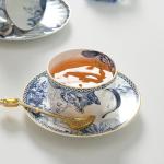 fanquare 6 oz Blue Floral Bone China Tea Cup with Saucer, Hand Print Procelain Cups for Tea Party, British Coffee Cup and Saucer
