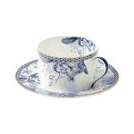 fanquare 6 oz Blue Floral Bone China Tea Cup with Saucer, Hand Print Procelain Cups for Tea Party, British Coffee Cup and Saucer