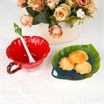 Philo Fun Hibiscus Flower Tea Cup and Saucer Set 6 Oz, Enamel Flower Porcelain Coffee Cup Saucer Set with Spoon for Women, Hand Crafted Tea Set (Hibiscus)