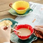 Philo Fun Hibiscus Flower Tea Cup and Saucer Set 6 Oz, Enamel Flower Porcelain Coffee Cup Saucer Set with Spoon for Women, Hand Crafted Tea Set (Hibiscus)