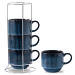 Hasense Large Coffee Mug Set of 4 with Holder - 15 Oz Stackable Ceramic Ribbed Latte Cup Set for Cappuccino, Tea, Hot Cocoa, Drinks - Dishwasher & Microwave Safe, Navy