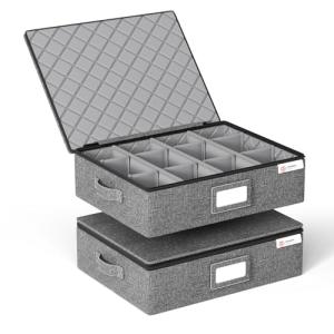 YearningHome Cup and Mug Storage Box with Hard Shell and Dividers for Coffee Mugs,Tea Cups and Glasses,Stackable Storage Organizers with Lid,Handles,Zips and Lable for Moving,Holds 12,2 Pack, Grey