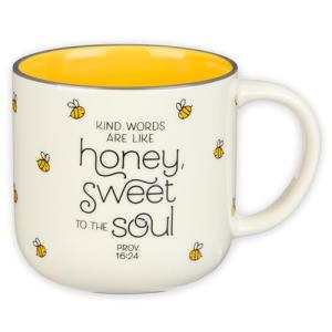Christian Art Gifts Large Ceramic Coffee & Tea Mug for Women: Kind Words are Like Honey Inspirational Bible Verse, Non-toxic/Lead-free, Microwave/Dishwasher Safe Bumble Bee Cup, Yellow/White, 15 oz.