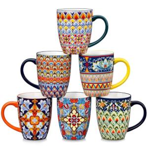 vancasso 16 oz Coffee Mugs Set of 6, Large Ceramic Mug with Handle, Boho Coffee Cups for Latte, Cappuccino & Hot Chocolate, Dishwasher & Microwave Safe Gift Set, Series SIMI