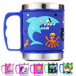 F-32 12 Oz Kids Stainless Steel Shark 3D Mug with 2 Pack Slider Closure Lids - Eco-Friendly - BPA Free Signature Collection (Shark Blue)