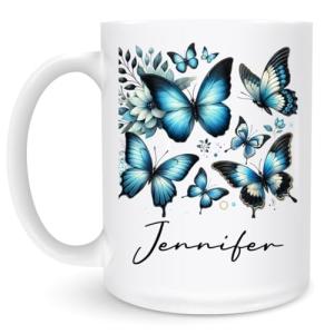 Custom Name Butterfly Mug 11oz 15oz – Beautiful Ceramic Coffee Cup, Vibrant Butterfly and Flowers, Personalized Tea Mug, Unique Nature-Inspired Gift, Stunning Home and Office Drinkware