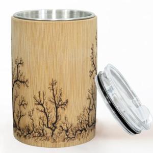 MEAKEO Bamboo Tea Cup with Stainless Steel Interior, Natural Bamboo Tea Cup Coffee Mug Wine, Electroplated Tree Design,Wooden Cup for Coffee, Tea(Large)
