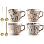 Tvvtuww Ceramic Mug Set of 4 with Coffee Spoon, 11oz - Vintage Coffee Mug Cups for Coffee Milk Latte Cappuccino Tea, Porcelain Coffee Cups Dishwasher Microwave Freezer Safe Stoneware