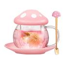 Cute Cup Mushroom Tea Cup with Tea Infuser and Lid, Kawaii Mushroom Tea Mug with Spoon, Glass Teacup and Saucer with Lid and Handle, Perfect for Girls Women for Home and Office Use 290ML/9.6oz (Pink)