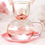 Cute Cup Mushroom Tea Cup with Tea Infuser and Lid, Kawaii Mushroom Tea Mug with Spoon, Glass Teacup and Saucer with Lid and Handle, Perfect for Girls Women for Home and Office Use 290ML/9.6oz (Pink)