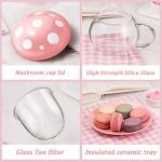 Cute Cup Mushroom Tea Cup with Tea Infuser and Lid, Kawaii Mushroom Tea Mug with Spoon, Glass Teacup and Saucer with Lid and Handle, Perfect for Girls Women for Home and Office Use 290ML/9.6oz (Pink)