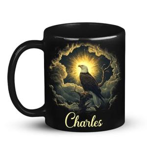 Custom Name Coffee Mug 11oz or 15oz, Unique Wildlife Art Black Cup, Personalized Eagle Ceramic Mug for Animal Lovers, Inspirational Coffee Cup with Nature Scene, Gifts for Friends