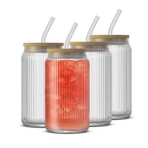 JoyJolt Fluted Glass Tumblers with Bamboo Lids and Glass Straws, Ribbed Can Shaped Drinking Glasses Set of 4, 16oz Cup with Lids and Straws, Iced Coffee Cups, Cocktail/Beer Glasses, Tea Cups